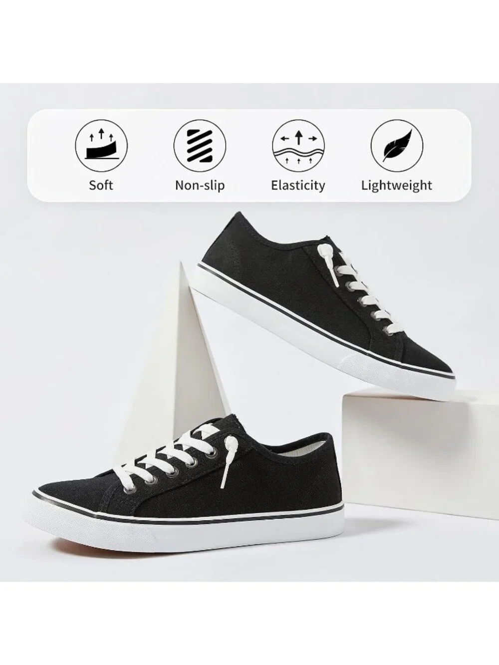 Women's Black Low Top Lace Up Canvas Solid Slip On Casual Loafer Sneaker Shoes